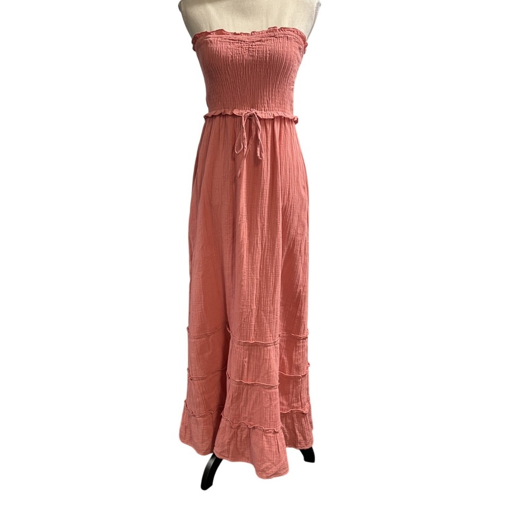 Sim & Sam Dress Mauve Cotton Gauze Smocked Tiered Maxi Size M Beachy Vacation